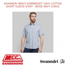 SWANNDRI MEN'S SOMMERSET 100% COTTON SHORT SLEEVE SHIRT - BEIGE NAVY CHECK